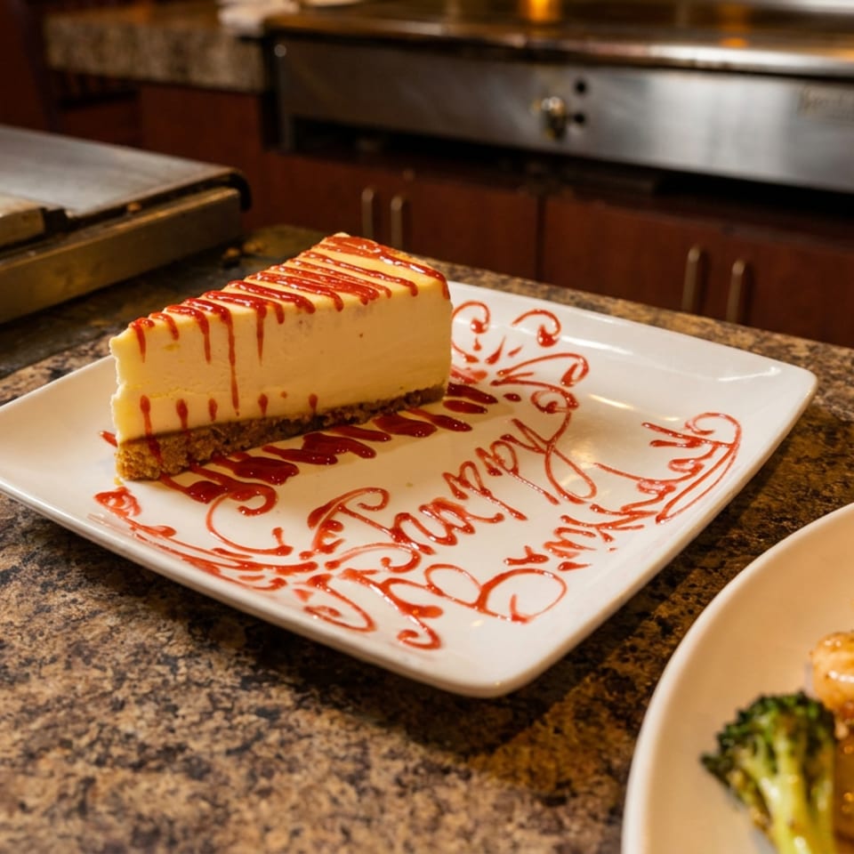 Cheesecake slice with raspberry drizzle and "Happy Birthday" written in sauce on a white plate.