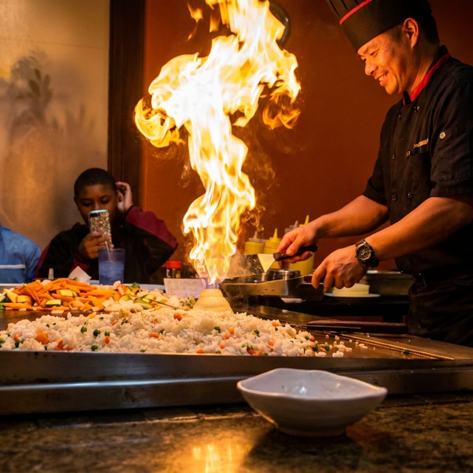 A hibachi chef smiles while cooking flaming fried rice and vegetables for two customers.