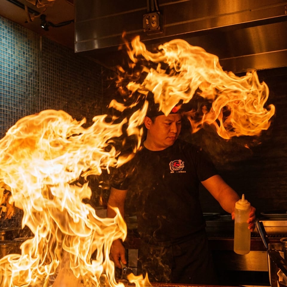 A chef in a dark kitchen creates a large burst of flames while cooking.