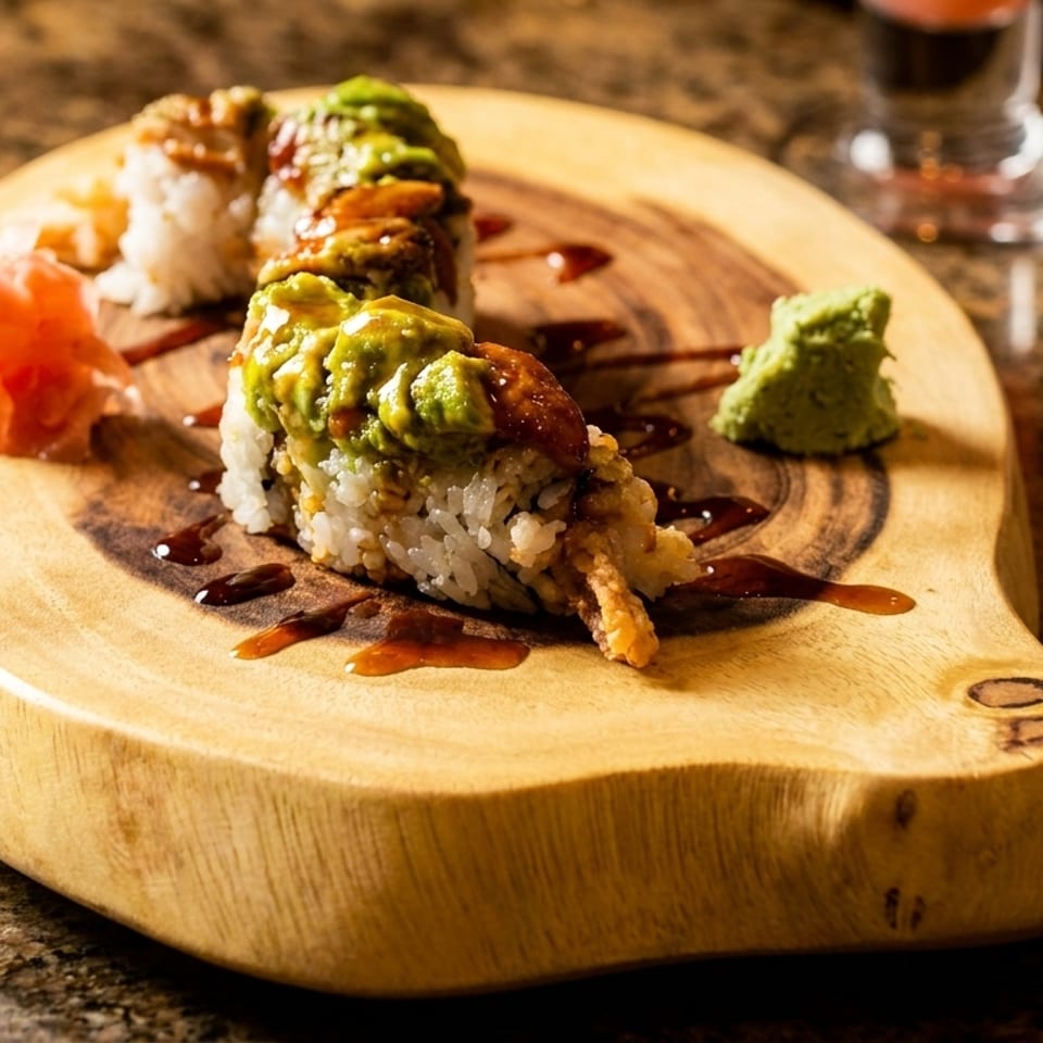 Sushi rolls with avocado, eel sauce, pickled ginger, and wasabi on a wooden board.