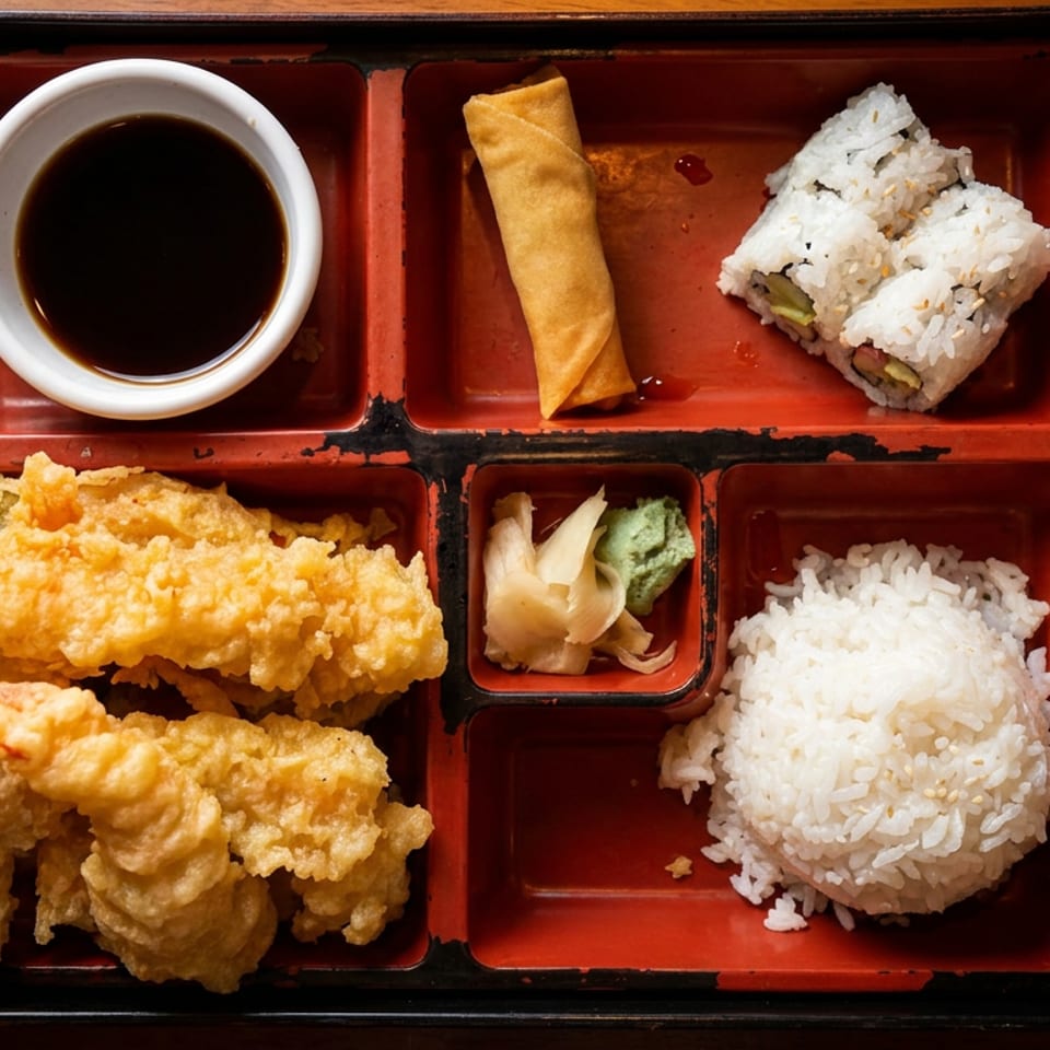 A bento box filled with tempura, sushi, rice, an egg roll, and dipping sauce.
