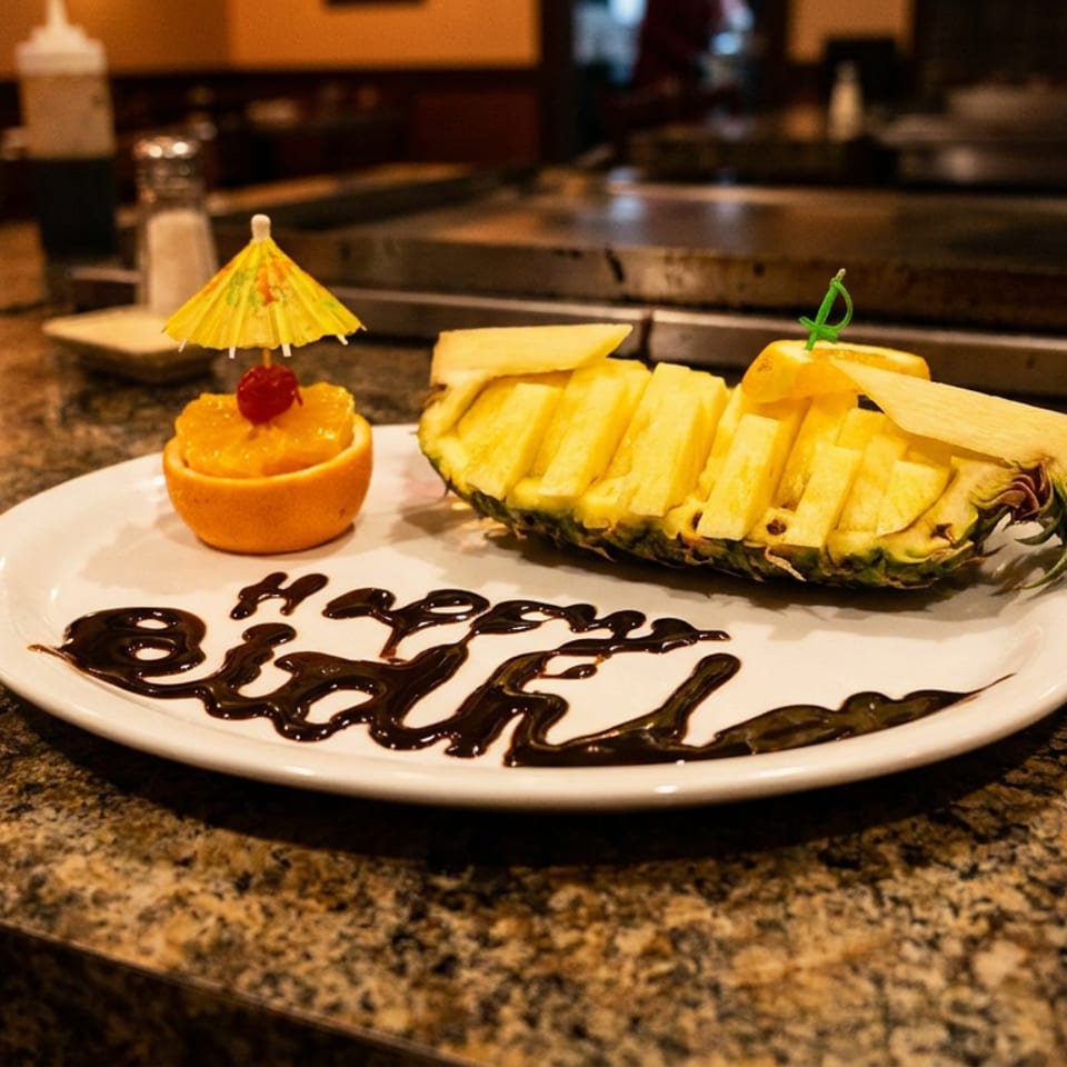 A birthday dessert plate with pineapple, orange sorbet, and "Happy Birthday" written in chocolate.