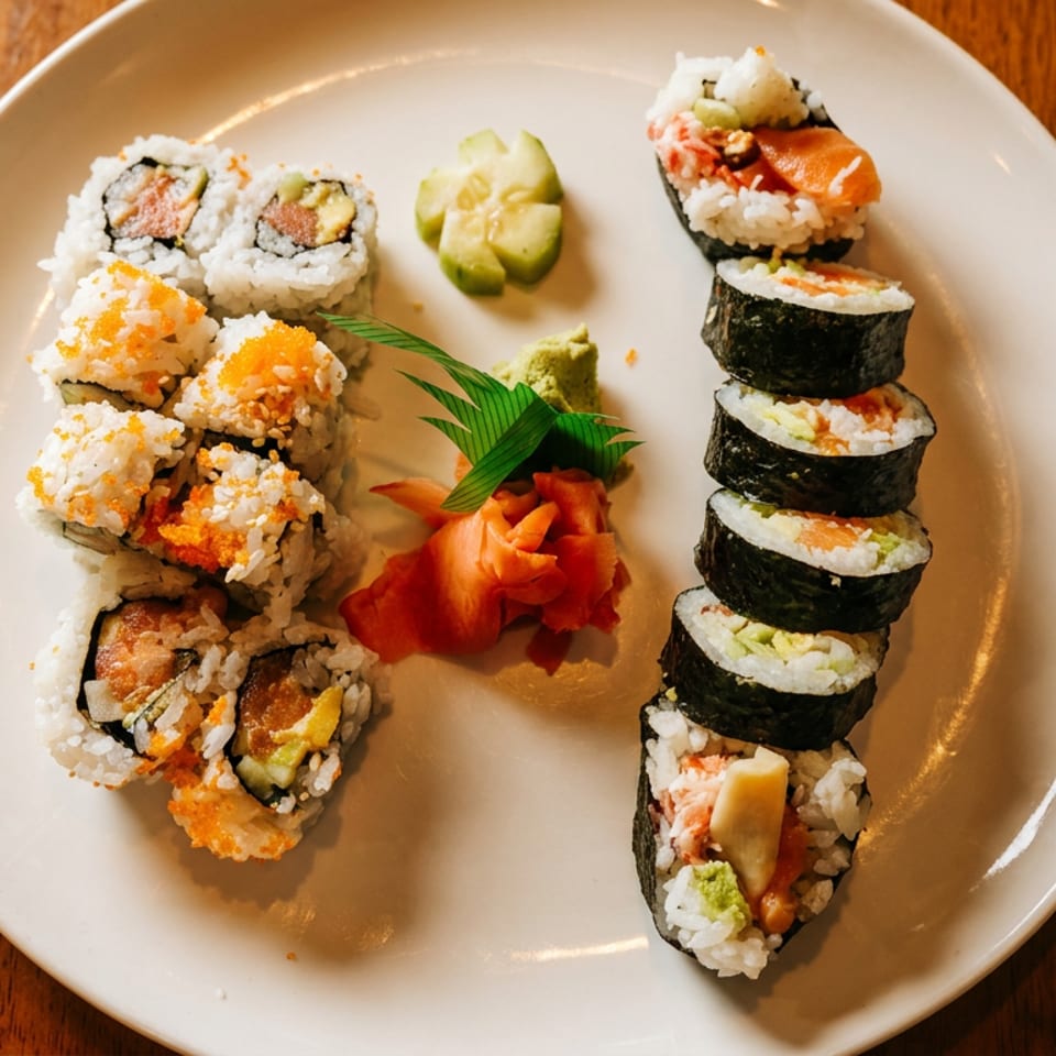 A white plate holds various sushi rolls, ginger, wasabi, and a cucumber slice on a wooden table.